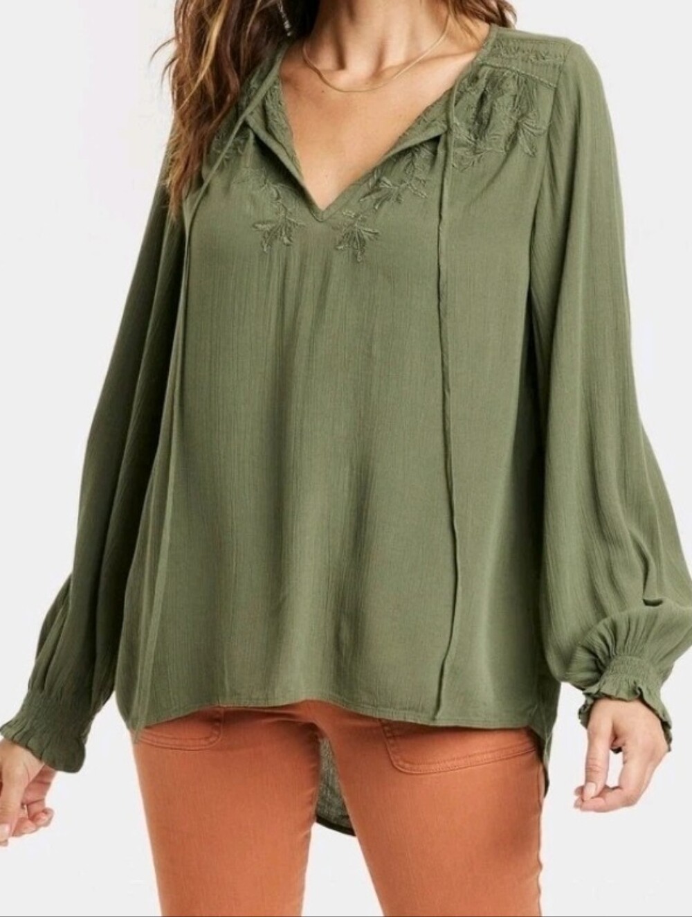 KNOX ROSE size Large Long Sleeve Embroidered Boho Split V Neck Blouse Green